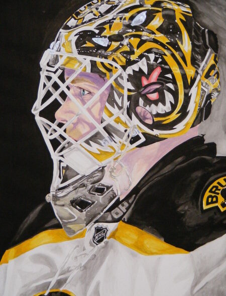 Watercolour portrait of Tim Thomas wearing a mask with a bruin design.