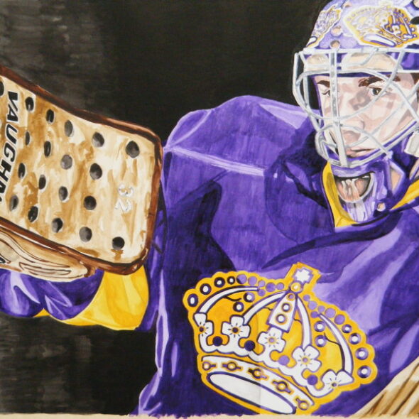 Portrait of Jonathan Quick wearing throwback purple jersey with Crown logo.