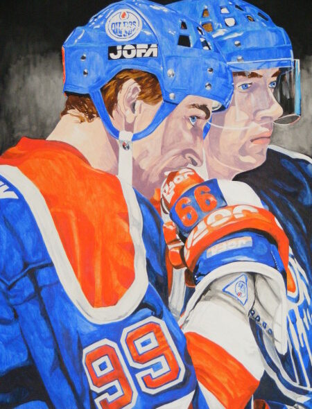 Portrait of Wayne Gretzky with the Oilers, resting his chin on his hand. Jari Kurri is in the background.