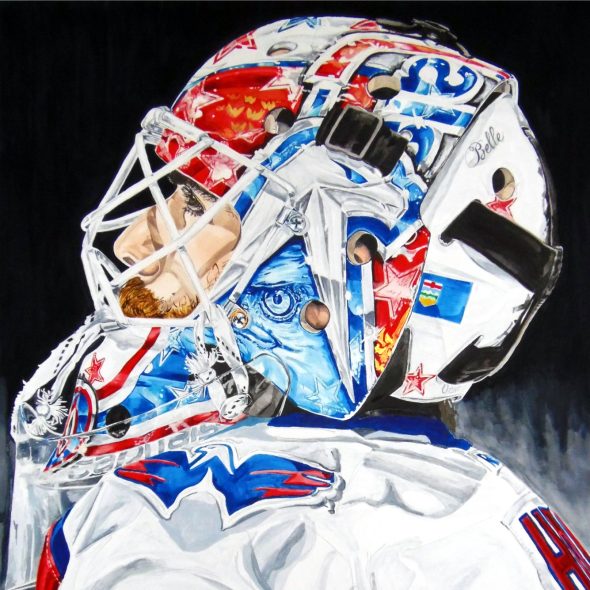 Watercolour portrait of Holtby wearing a goalie mask.
