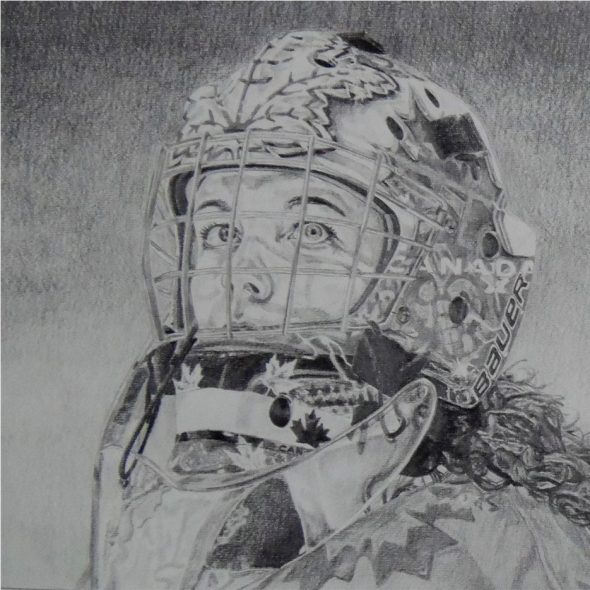 Portrait of Szabados wearing a goalie mask. Pencil on paper.