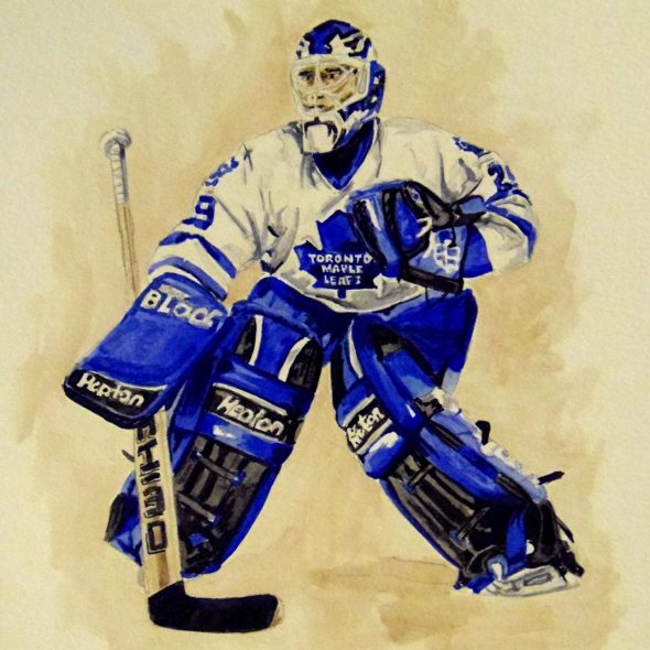 Watercolour painting of Felix Potvin preparing to make a save while playing for the Leafs.