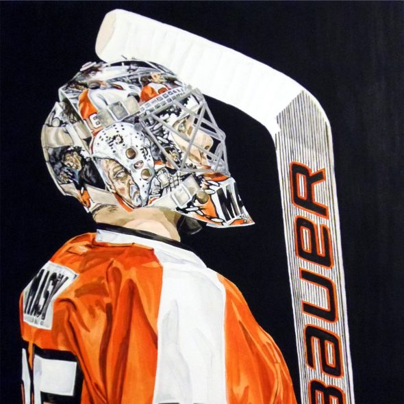 Portrait in profile of Steve Mason, holding his goalie stick. Watercolour on paper.