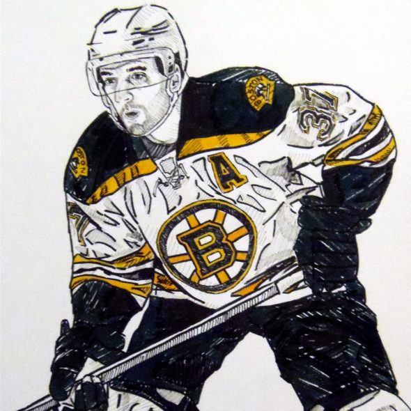 Portrait of Patrice Bergeron playing for Boston. Pen and ink on paper.
