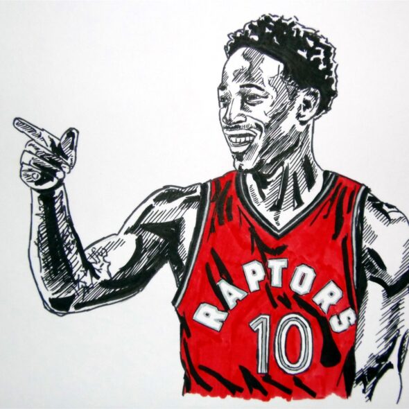 DeMar DeRozan pointing and smiling while playing for the Raptors. Pen and ink drawing.