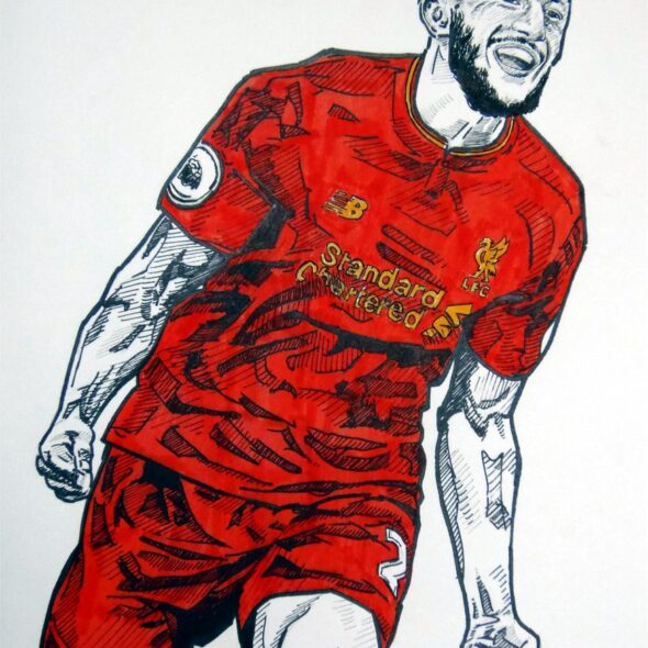 Adam Lallana celebrating a goal for Liverpool. Pen and ink on paper.