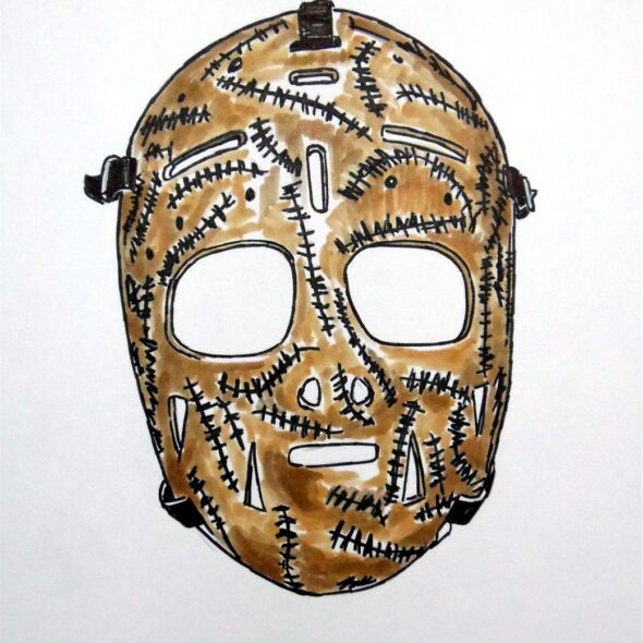 Gerry Cheevers mask with stitch artwork. Pen and ink drawing.