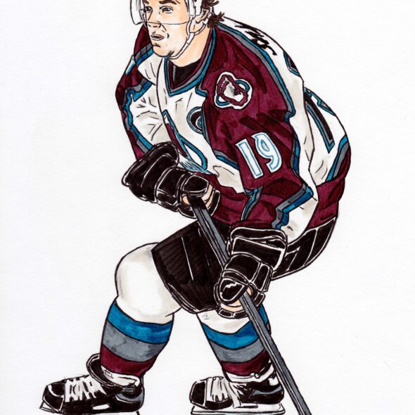 Joe Sakic skating with the puck while playing for the Colorado Avalanche