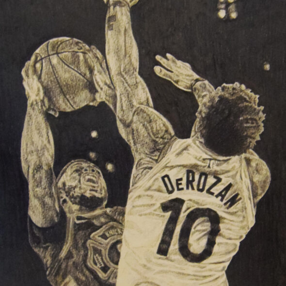 DeRozan stretches arms to block a member of the New York Knicks from making a lay up. Viewed of DeRozan from behind. Pencil on paper, black background