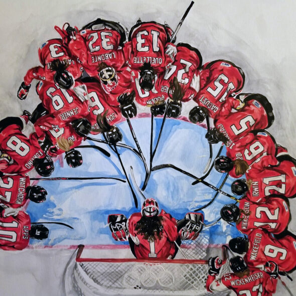 Watercolour painting of Team Canada huddling at their net