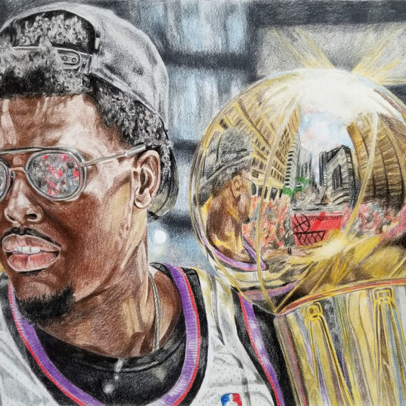 Portrait of Kyle Lowry at the Raptors championship victory parade holding the Larry O'Brien trophy