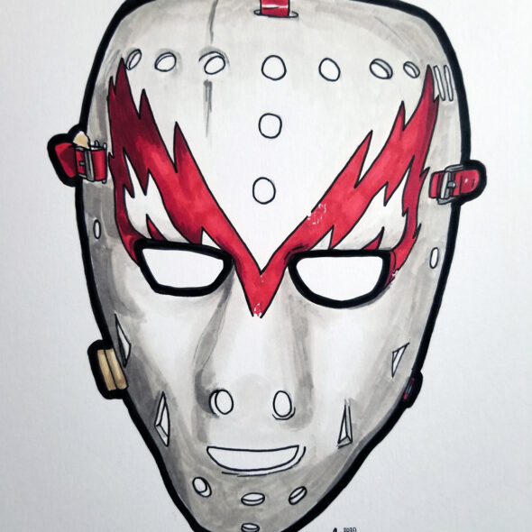 Pen and ink drawing of a goalie mask without cage and red lightning bolt design