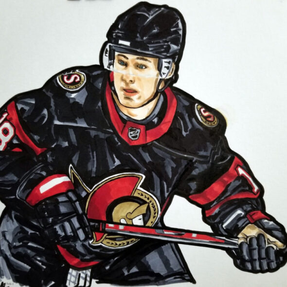 Portrait of Tim Stützle, playing for the Ottawa Senators. Ink on paper with red and black highlights.