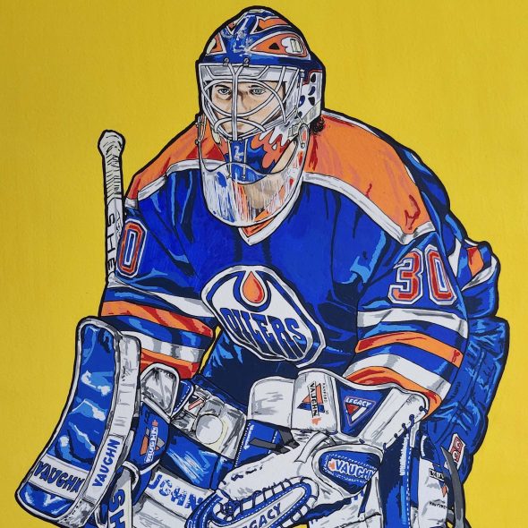 Bill Ranford preparing to make a save with the Edmonton Oilers.