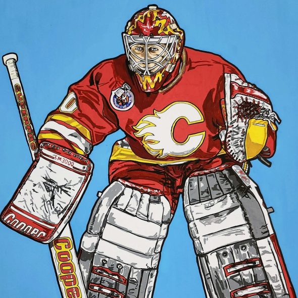 Acrylic painting of Mike Vernon playing goal for the Calgary Flames