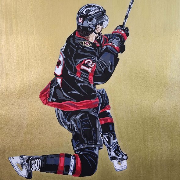 Acrylic painting of Shane Pinto celebrating a goal while playing with the Ottawa Senators