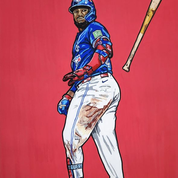 Acrylic painting of Vladimir Guerrero Jr.'s playoff bat flip