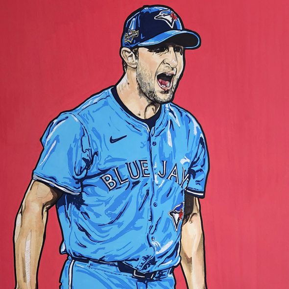 Acrylic painting of Max Scherzer yelling during Game 4 of the 2025 ALCS