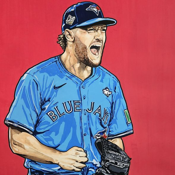 Trey Yesavage celebrating with a fist pump during a World Series game