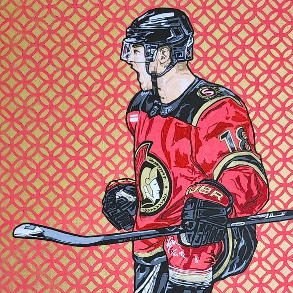 Acrylic painting of Tim Stützle celebrating a goal, first pumping and on one knee