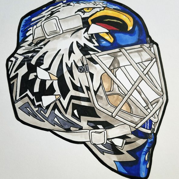 Pen and ink drawing of Ed Befour's Toronto mask.