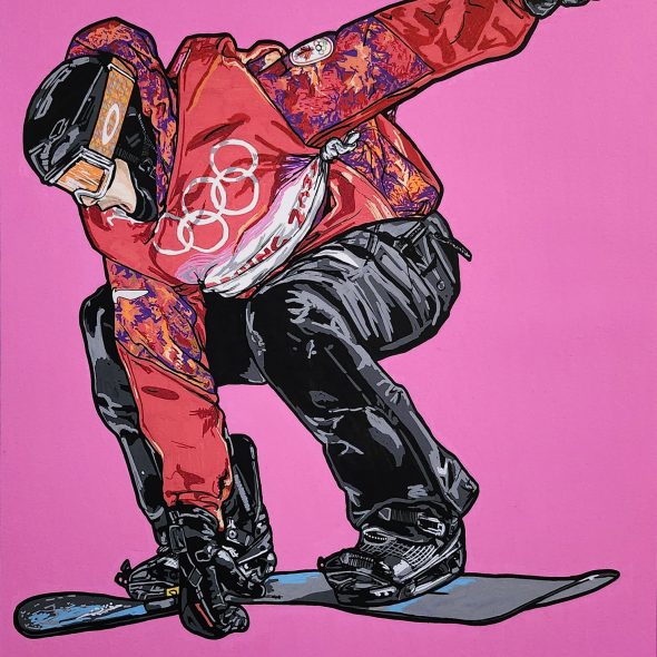Painting of Mark McMorris grabbing a snowboard and jumping