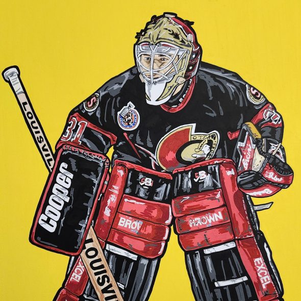 Mixed media painting of Peter Sidorkiewicz playing for the Ottawa Senators