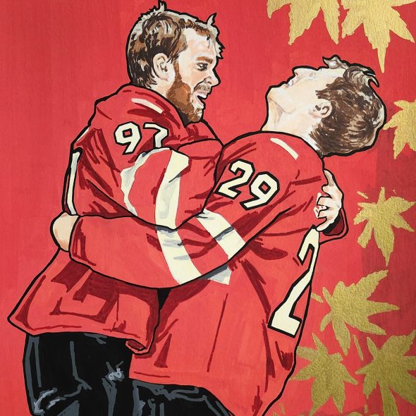 Acrylic painting of Connor McDavid and Nathan MacKinnon embracing at the 4 Nations tournament