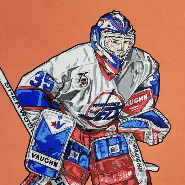 Acrylic painting of Bob Essensa preparing to make a save while playing goal for the Winnipeg Jets