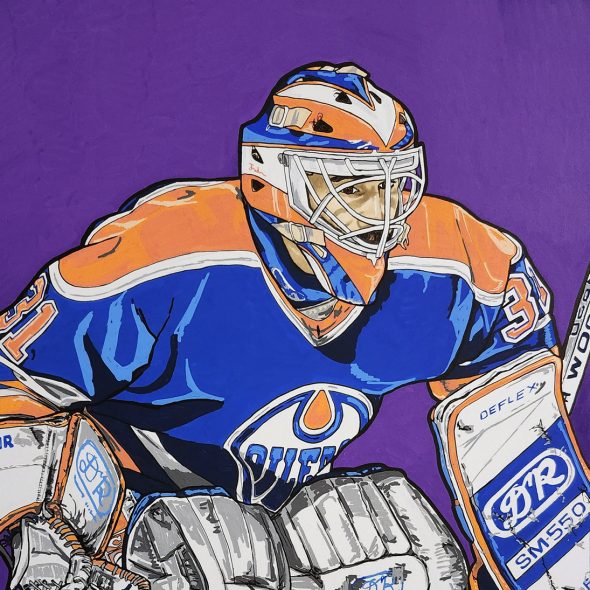 Painting of Grant Fuhr playing goal for the Edmonton Oilers