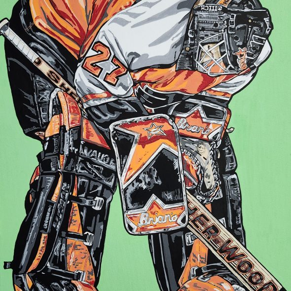 Acrylic painting of Philadelphia goalie Ron Hextall bending over and leaning on his pads