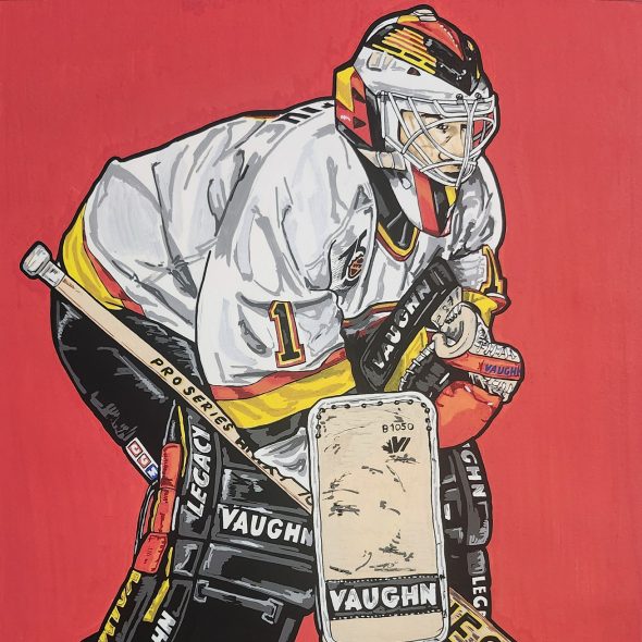 Kirk McLean stands ready for a shot while playing goal for the Vancouver Canucks.