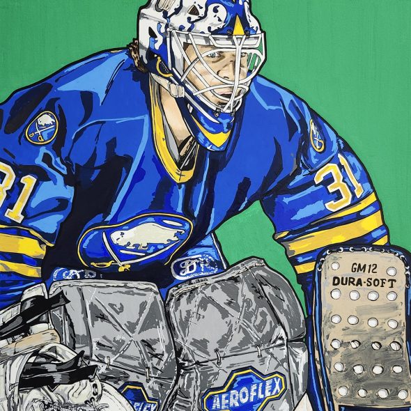Acrylic painting of Daren Puppa playing goal for the Buffalo Sabres