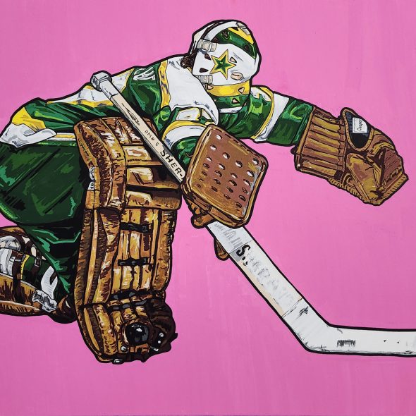 Goalie Gilles Meloche, crouched, lounges to make a save while playing for Minnesota.